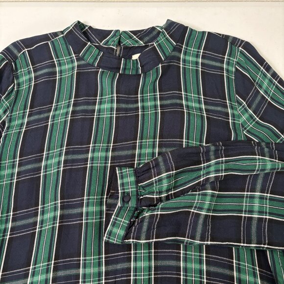 Loft Top Womens Size M Blue Green Plaid Long Sleeve Mock Neck Academia Preppy - Picture 6 of 10